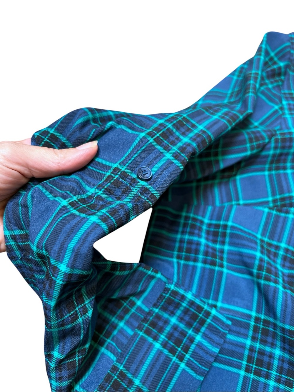 Talbots blue plaid long roll tab sleeve button top size 3X lightweight collared - Picture 5 of 10
